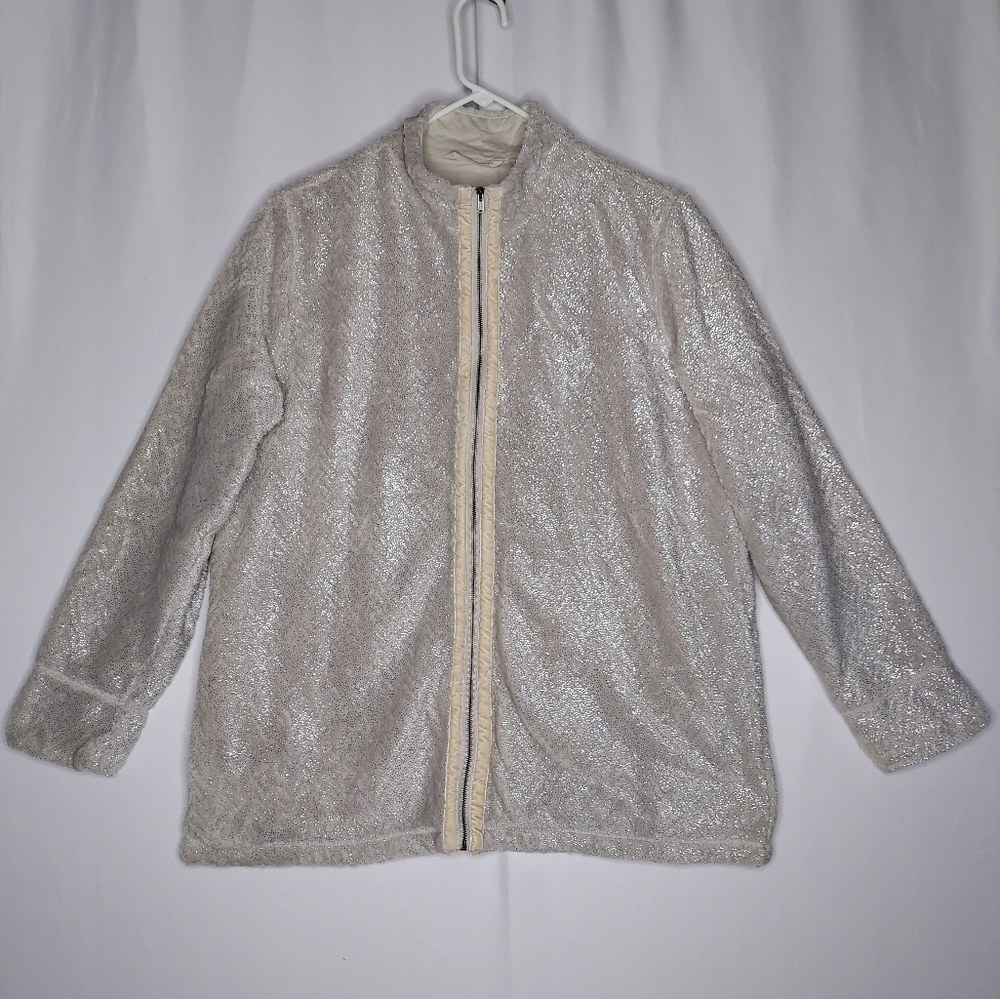 Soft Surroundings Sherpa Jacket Womens Large Beige Chevron Sparkle Fleece Zipper